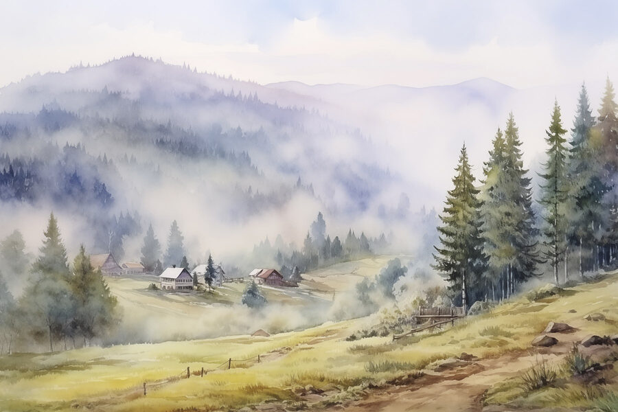 Akvarelová maľba dediny v horách Akvarelová maľba dediny v horách