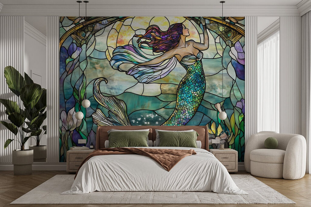 Stained glass window with a mermaid