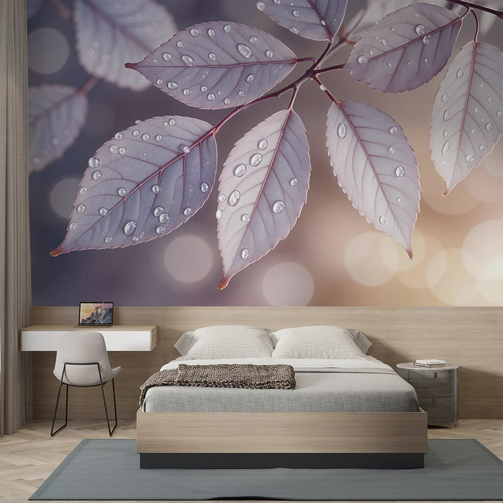 Delicate leaves with dewdrops resting