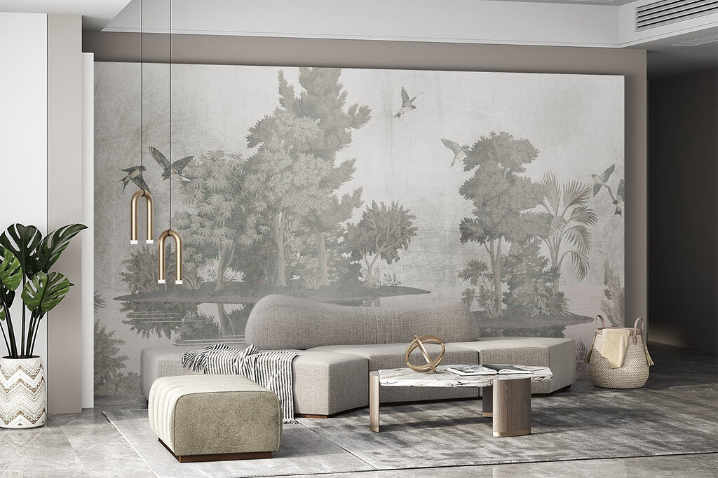 Birds flying over trees