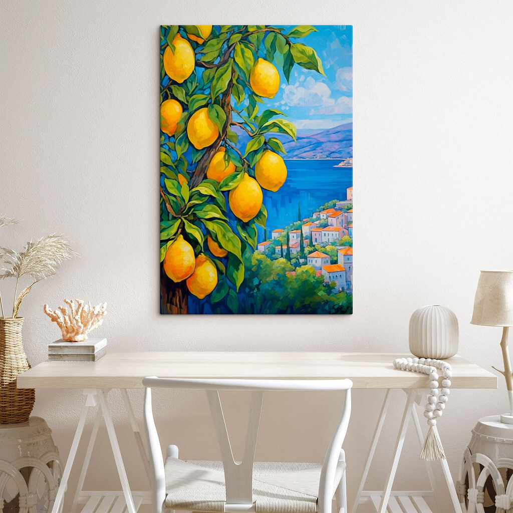 Painting of a lemon tree with a city in the background