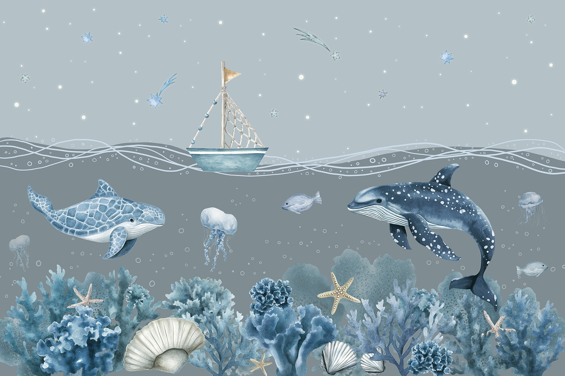 Sea life with a boat and fish Sea life with a boat and fish