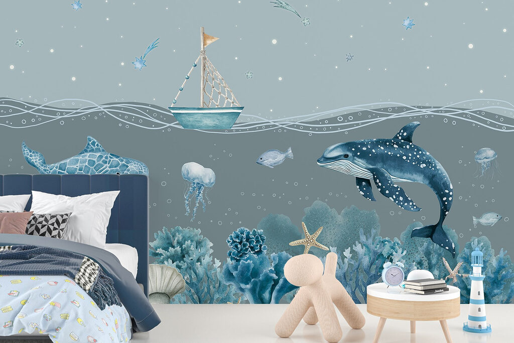 Sea life with a boat and fish Sea life with a boat and fish