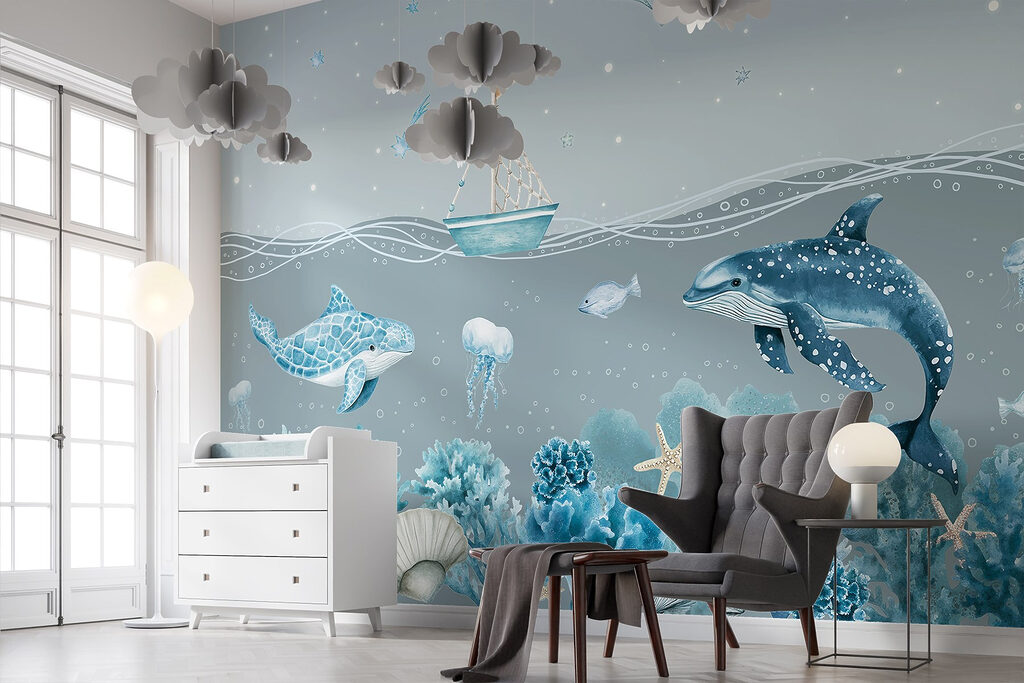 Sea life with a boat and fish Sea life with a boat and fish