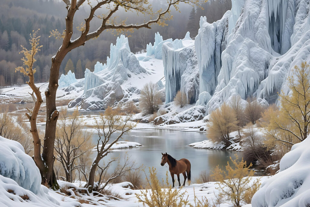 Horse standing in the snow next to a body of water Horse standing in the snow next to a body of water