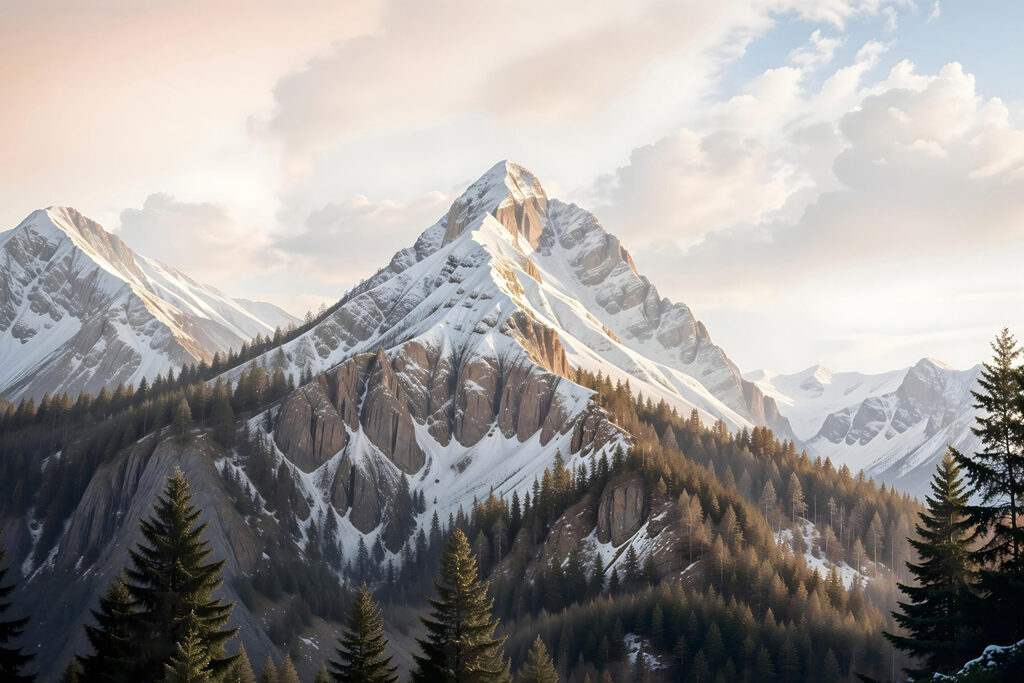 Snowy mountain with trees