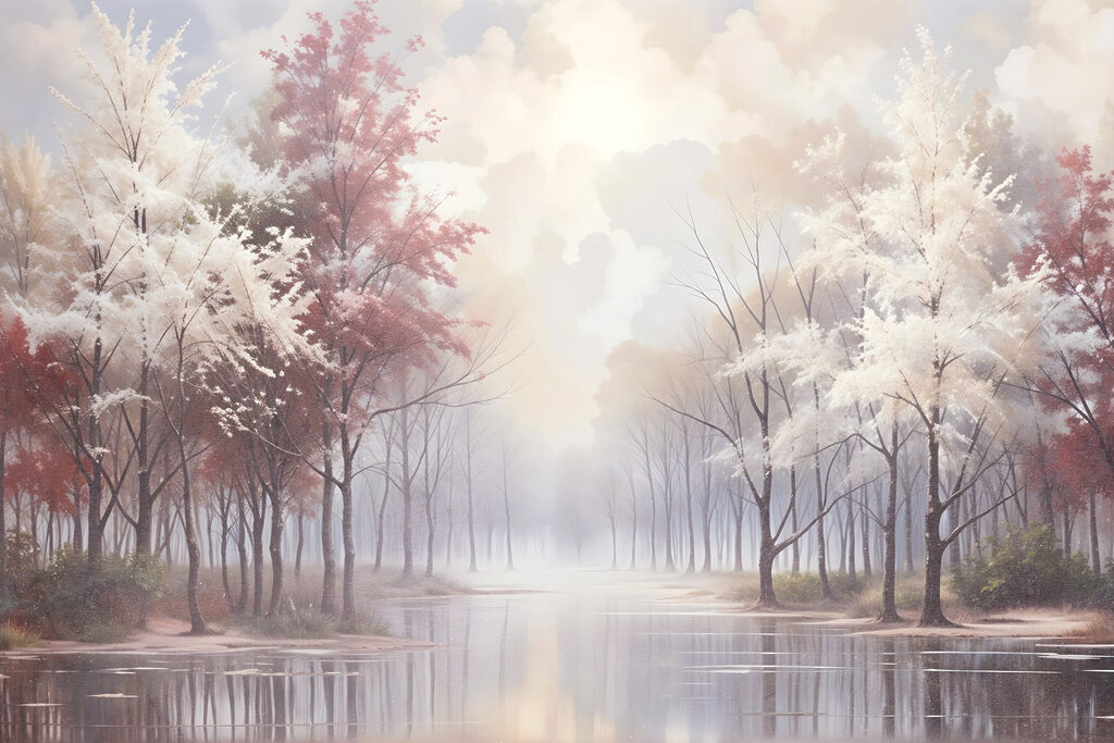 Water body with trees and a cloudy sky Water body with trees and a cloudy sky