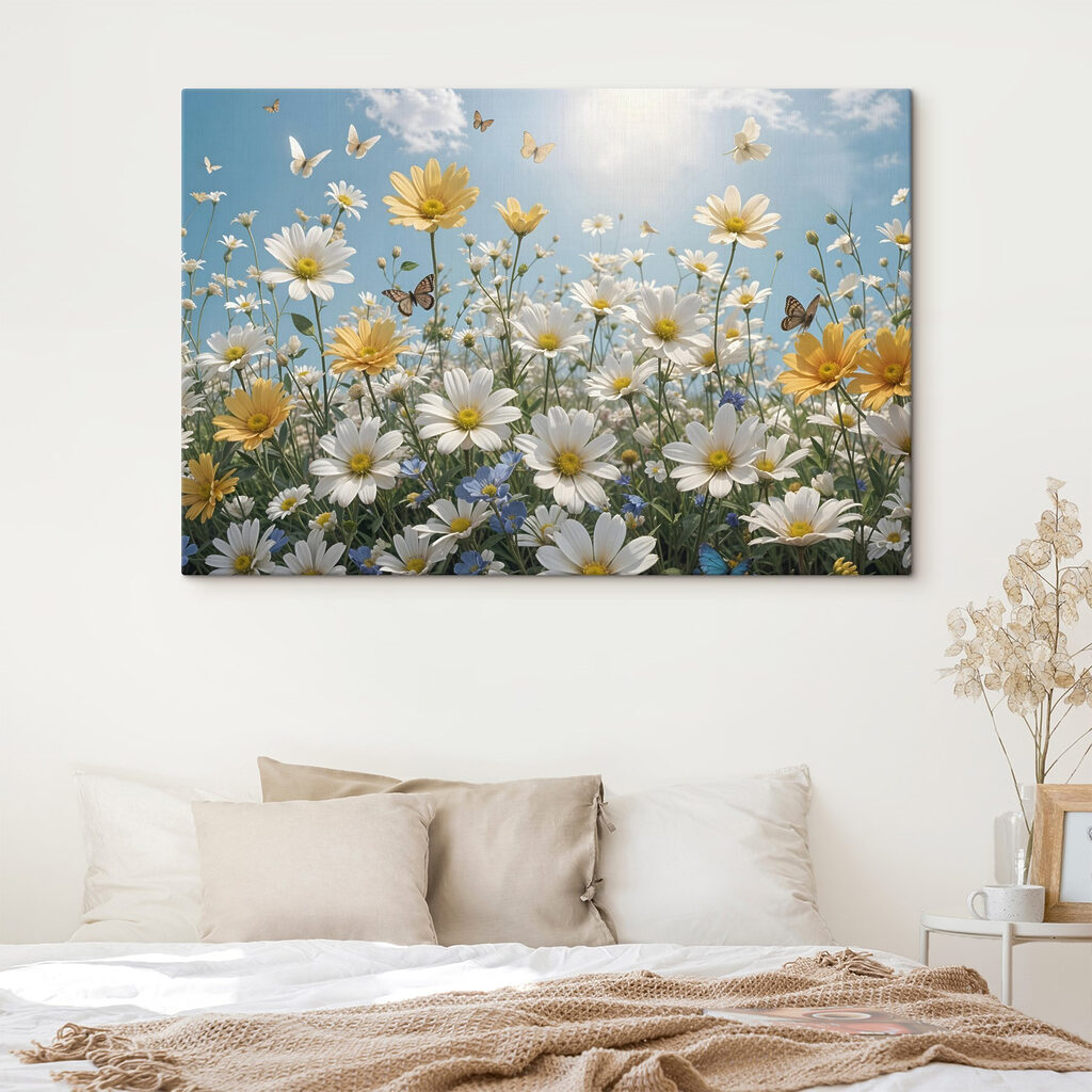 Group of butterflies flying over a field of flowers