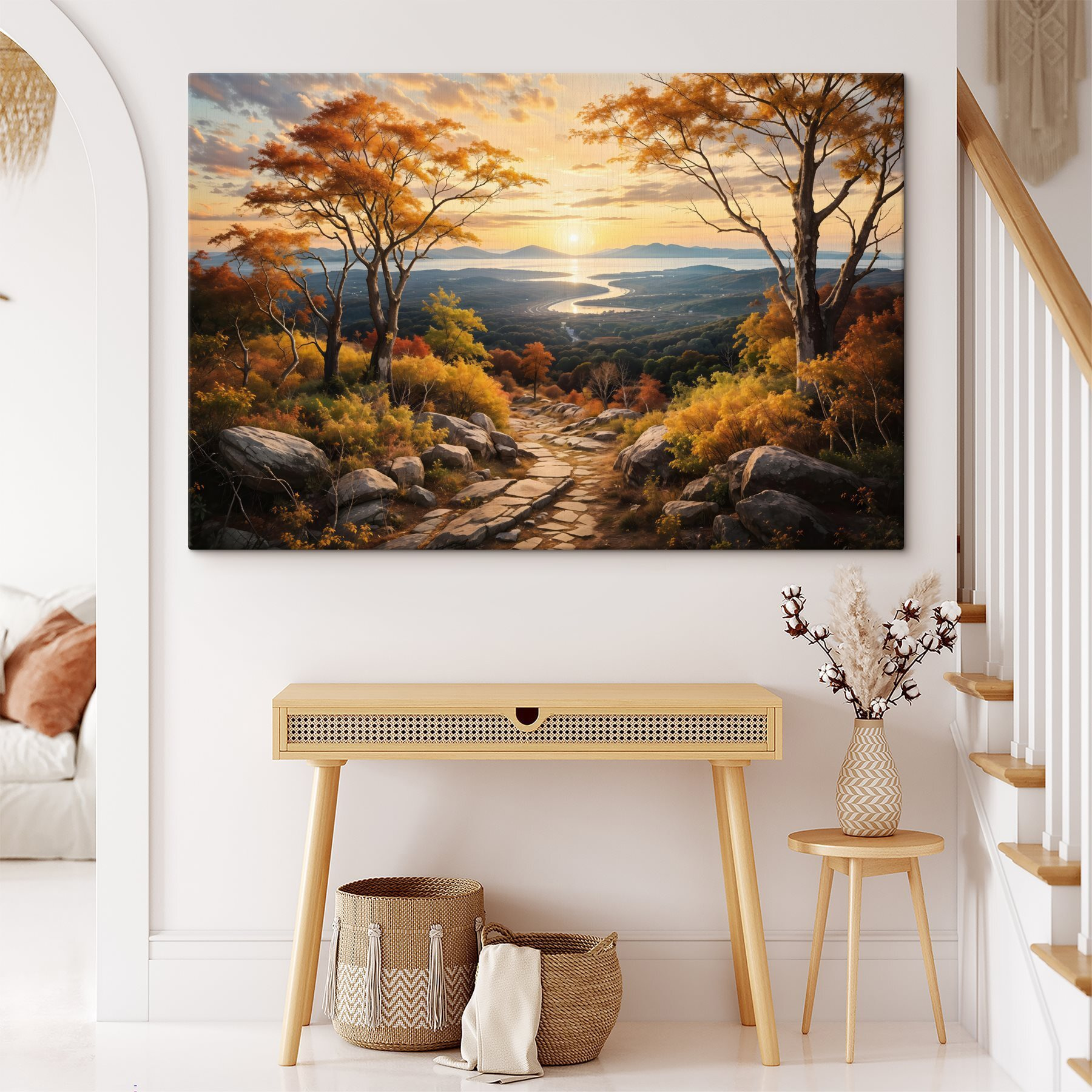 Path through a valley with trees and a river Path through a valley with trees and a river