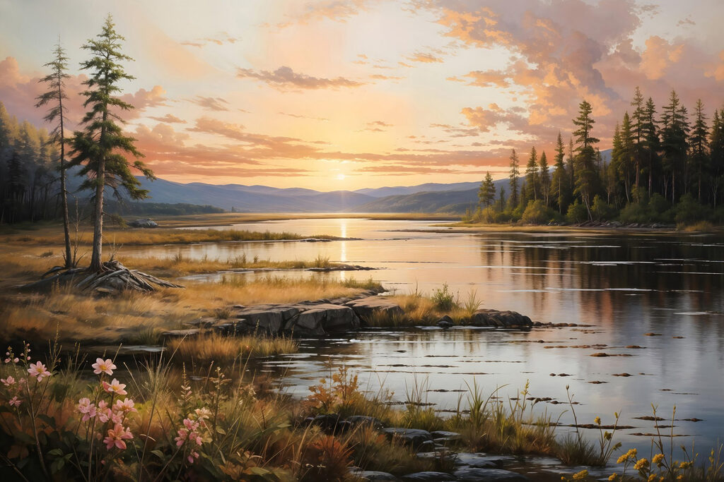 Landscape of a lake with a sunset Landscape of a lake with a sunset