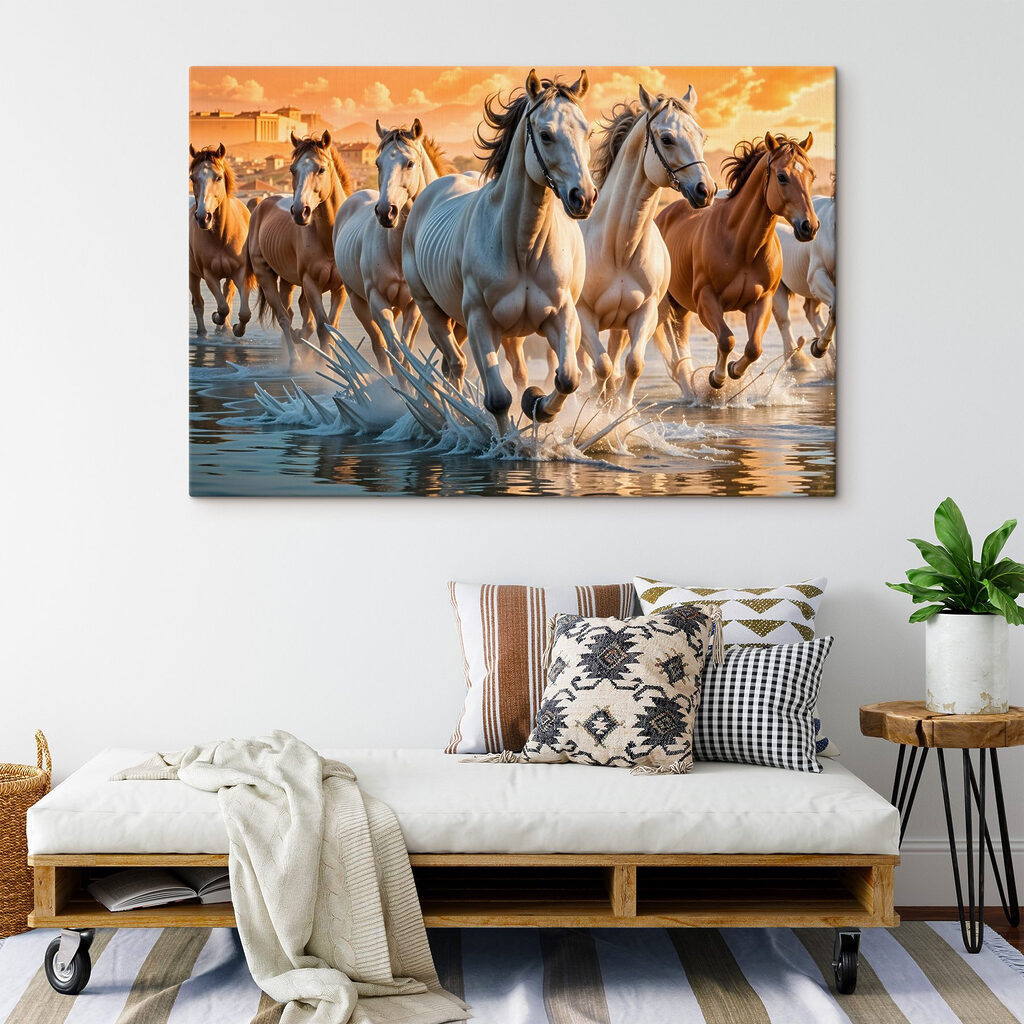 Group of horses running through water Group of horses running through water