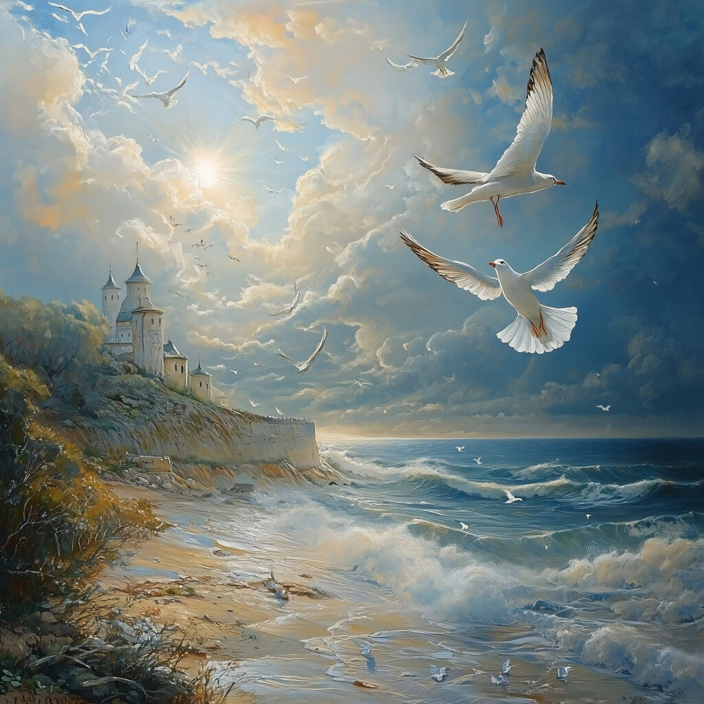 Painting of birds flying over a beach Painting of birds flying over a beach