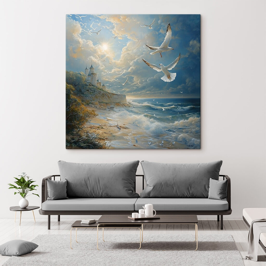 Painting of birds flying over a beach Painting of birds flying over a beach