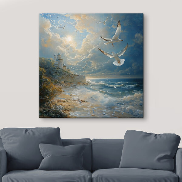 Painting of birds flying over a beach Painting of birds flying over a beach