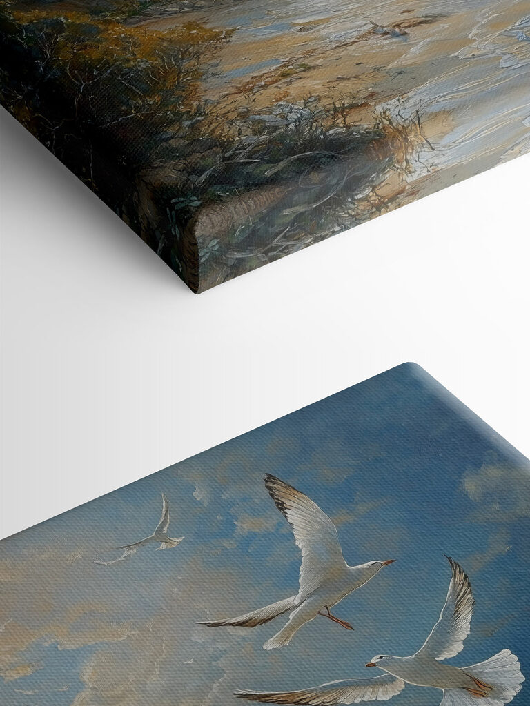 Painting of birds flying over a beach Painting of birds flying over a beach