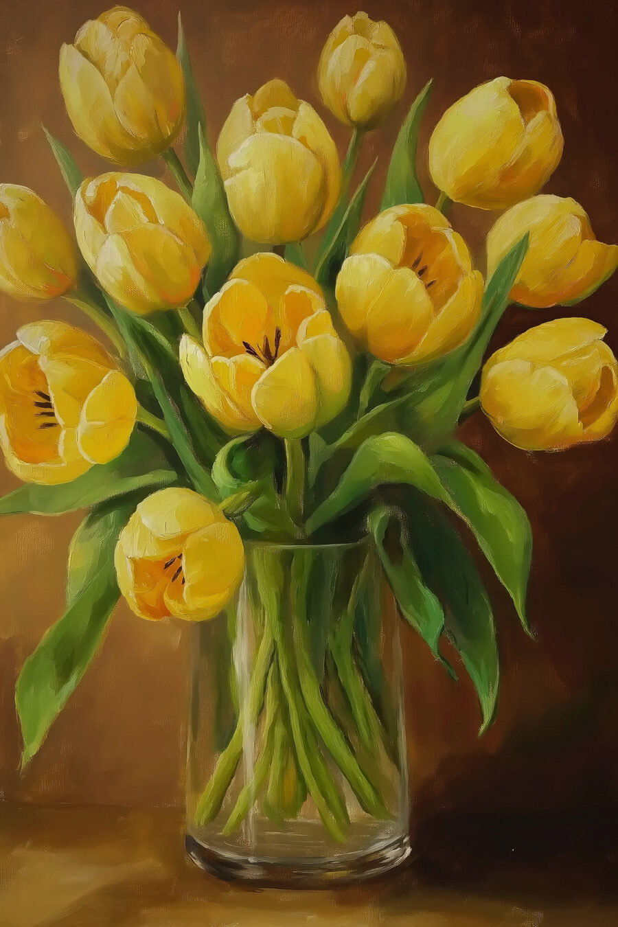 Maľba žltých tulipánov v sklenenej váze