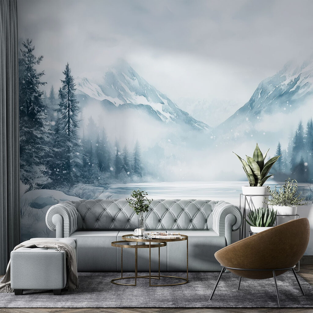 Snowy landscape with a lake and mountains Snowy landscape with a lake and mountains