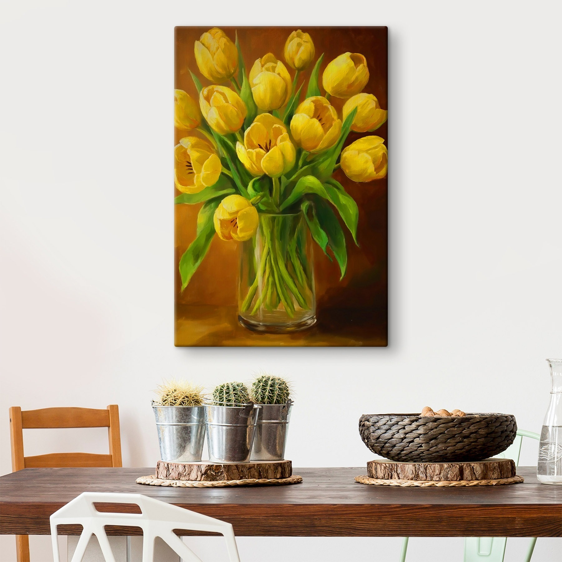 Painting of yellow tulips in a glass vase Painting of yellow tulips in a glass vase