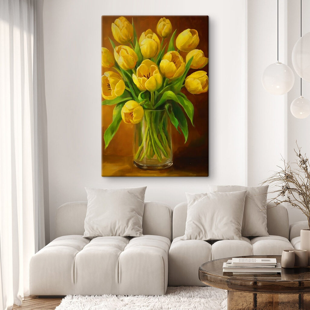 Painting of yellow tulips in a glass vase Painting of yellow tulips in a glass vase