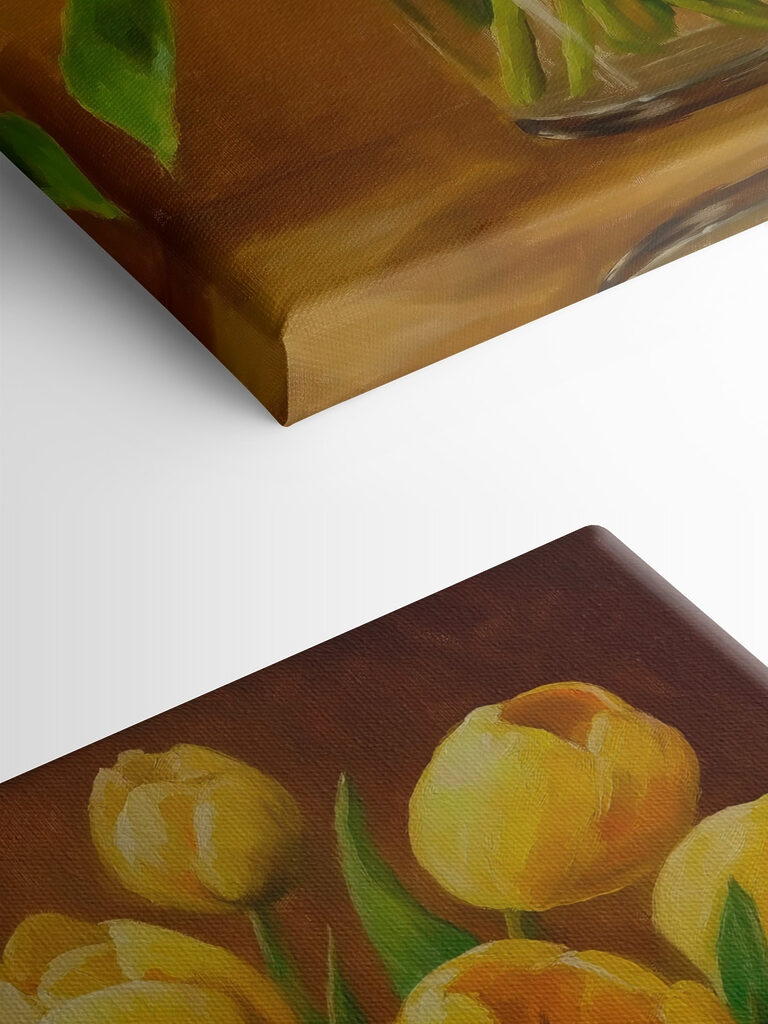 Painting of yellow tulips in a glass vase Painting of yellow tulips in a glass vase