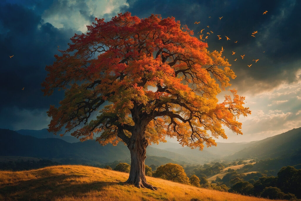 Tree with orange and yellow leaves on a hill Tree with orange and yellow leaves on a hill