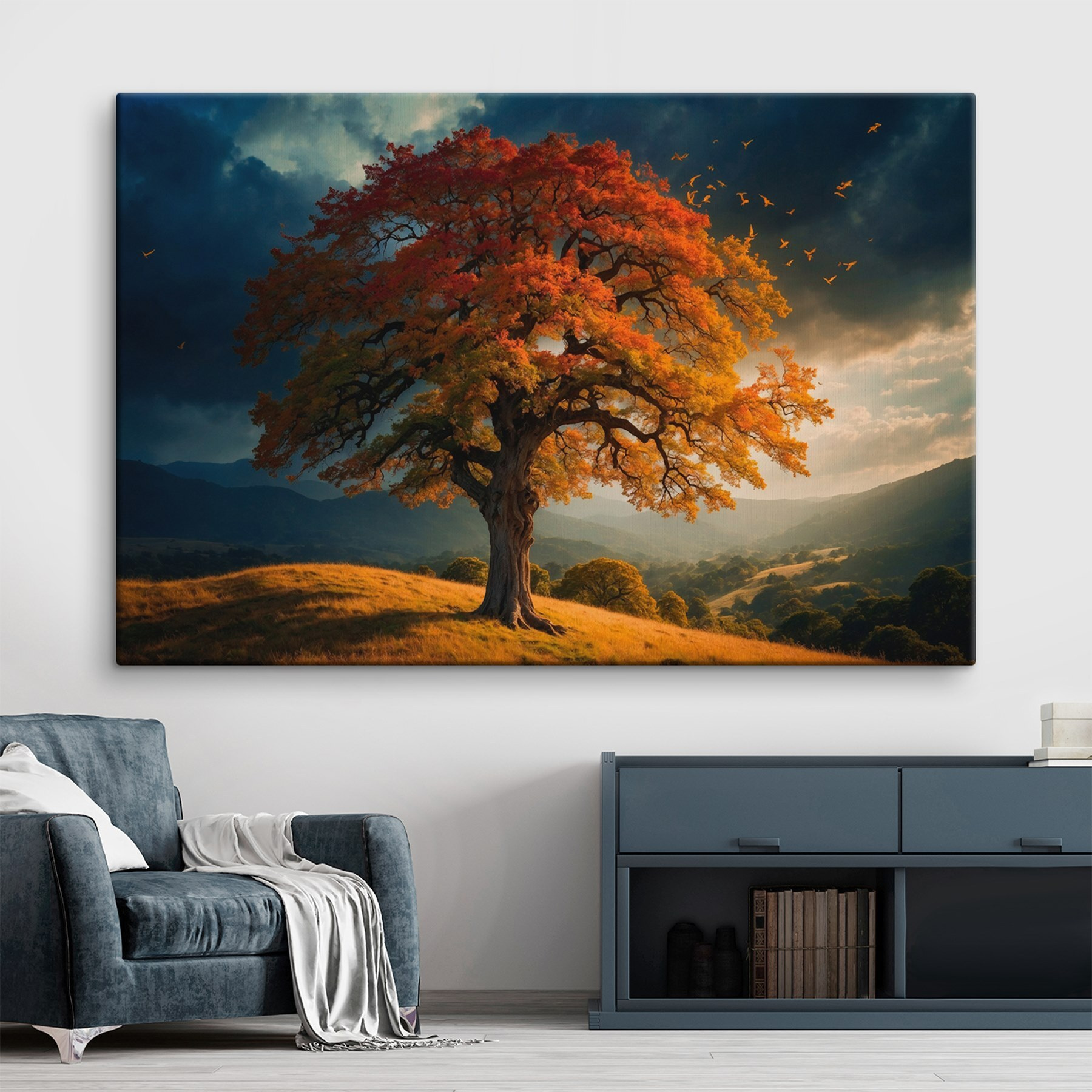 Tree with orange and yellow leaves on a hill Tree with orange and yellow leaves on a hill