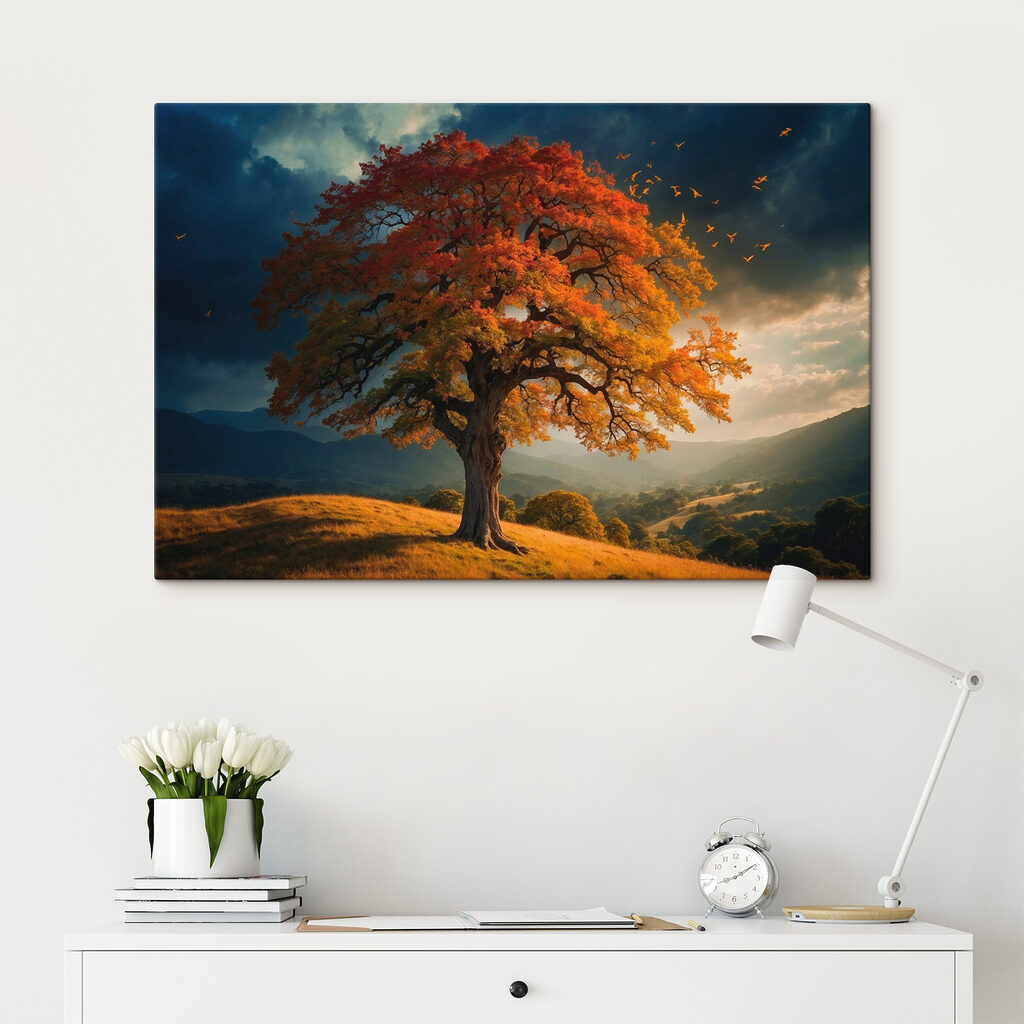 Tree with orange and yellow leaves on a hill Tree with orange and yellow leaves on a hill