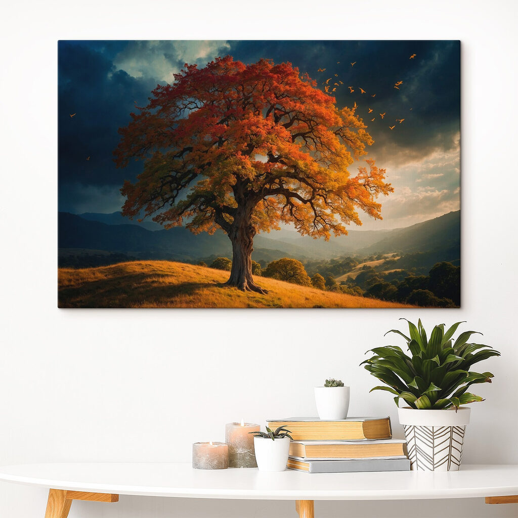 Tree with orange and yellow leaves on a hill Tree with orange and yellow leaves on a hill