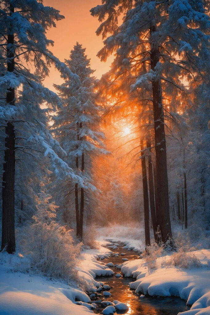 Snowy forest with trees and a stream Snowy forest with trees and a stream