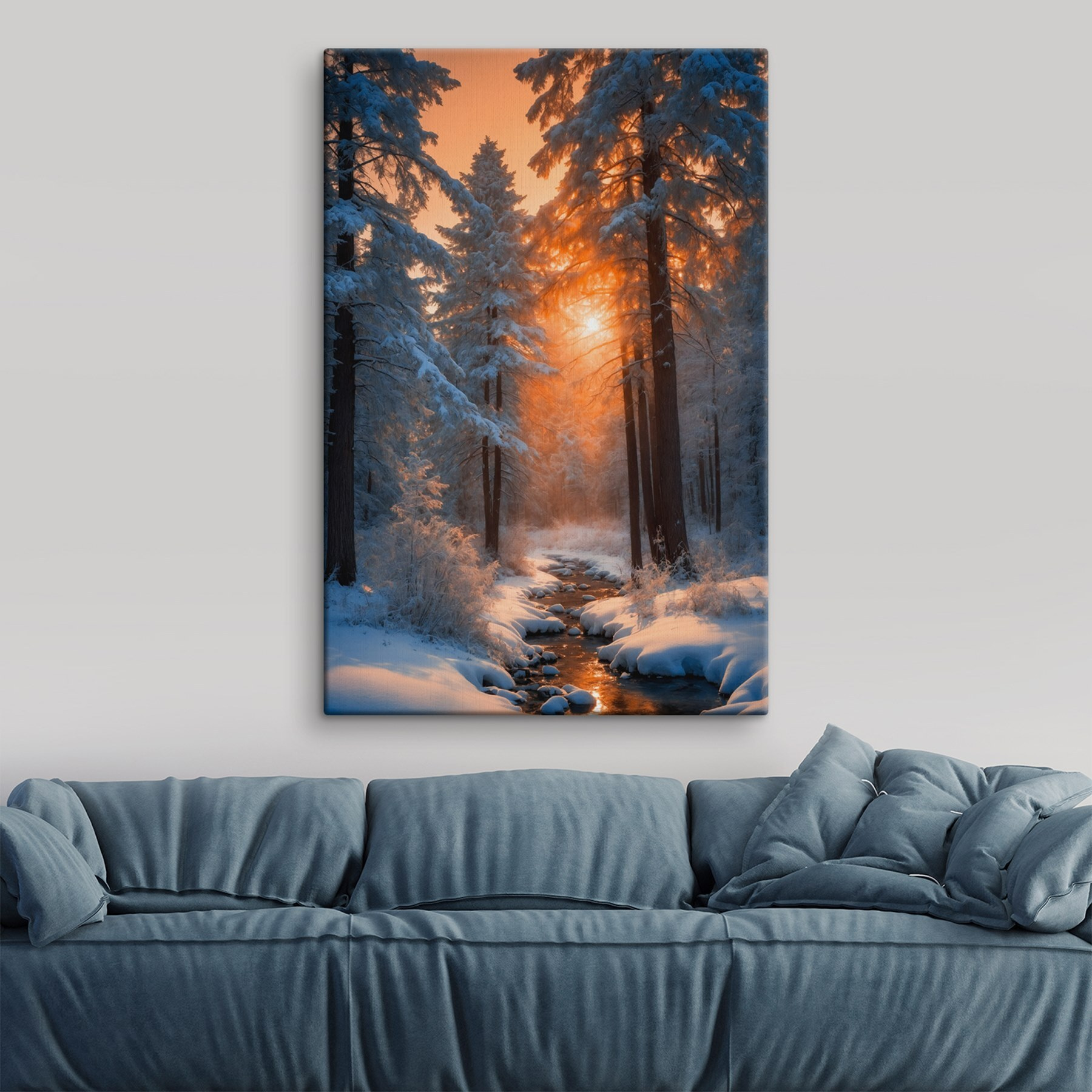 Snowy forest with trees and a stream Snowy forest with trees and a stream