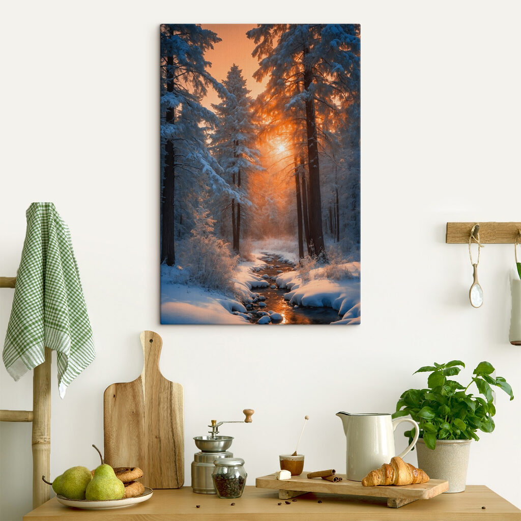 Snowy forest with trees and a stream Snowy forest with trees and a stream