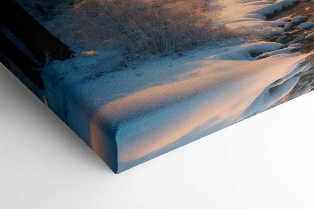 Snowy forest with trees and a stream Snowy forest with trees and a stream