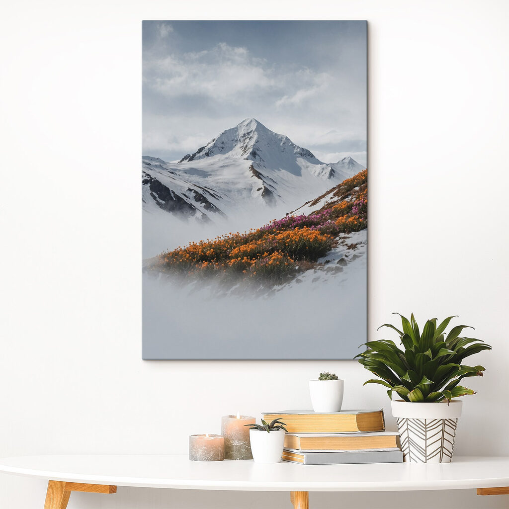 Mountain with snow and flowers