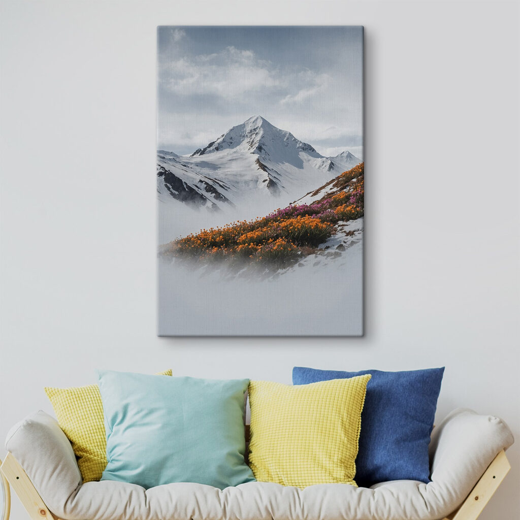 Mountain with snow and flowers