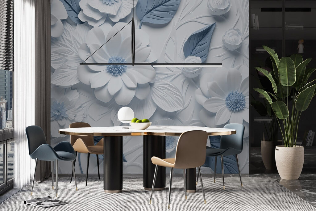 White and blue flowers and leaves