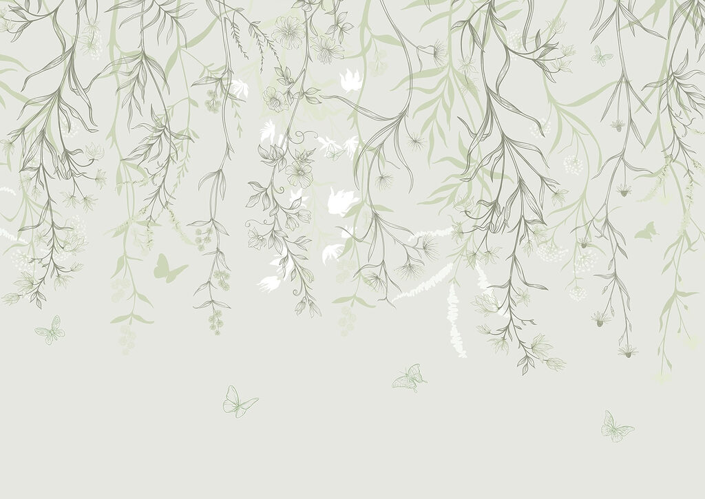 Pokojná botanická ilustrácia s motýľmi Pokojná botanická ilustrácia s motýľmi