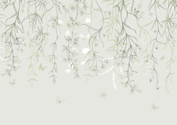 Pokojná botanická ilustrácia s motýľmi Pokojná botanická ilustrácia s motýľmi