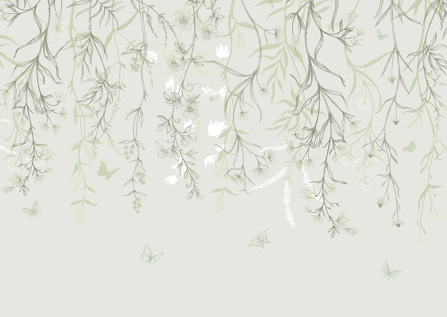 Pokojná botanická ilustrácia s motýľmi Pokojná botanická ilustrácia s motýľmi