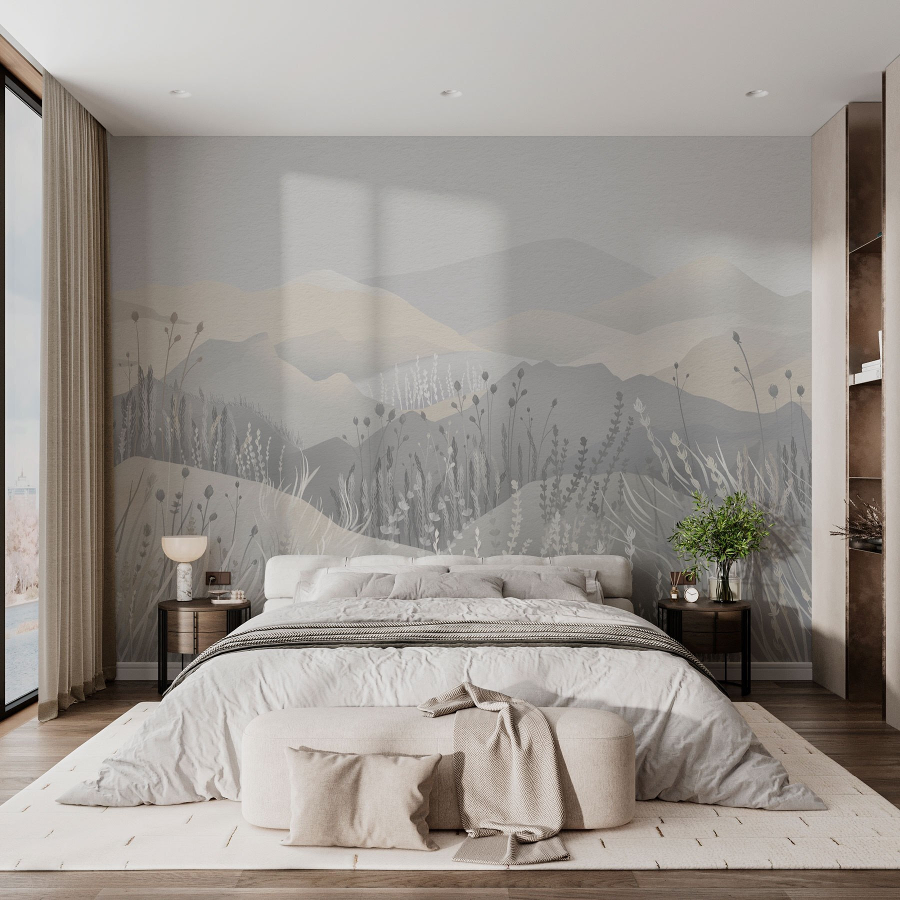 Painting of a landscape with mountains and grass