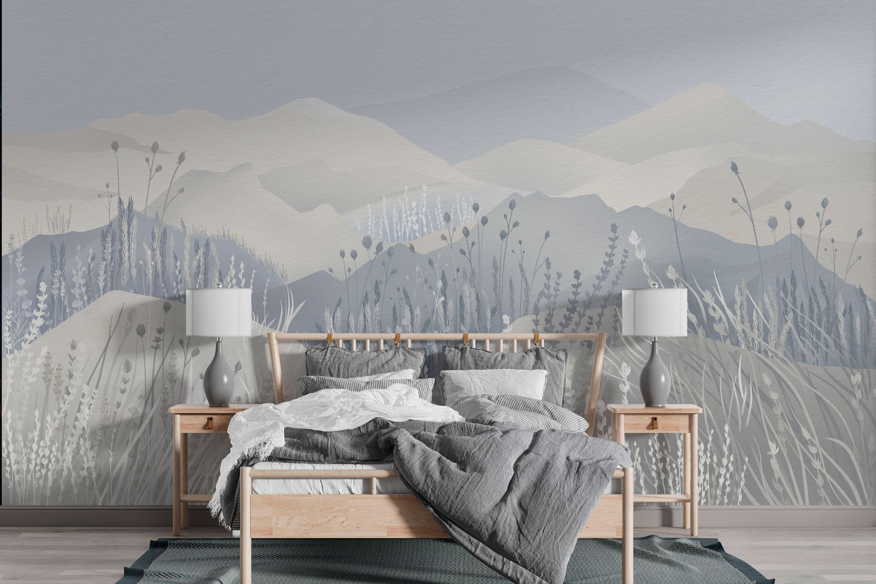 Painting of a landscape with mountains and grass Painting of a landscape with mountains and grass