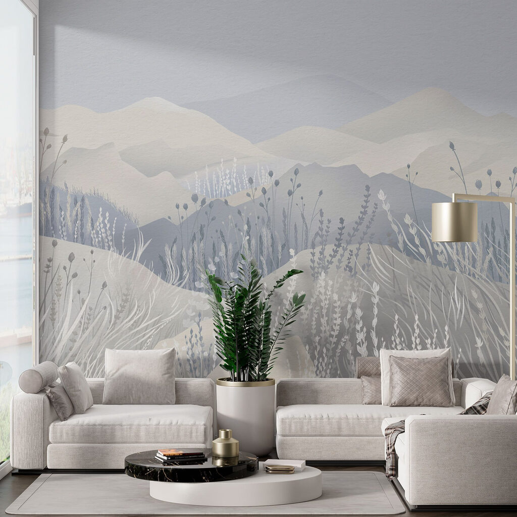 Painting of a landscape with mountains and grass Painting of a landscape with mountains and grass