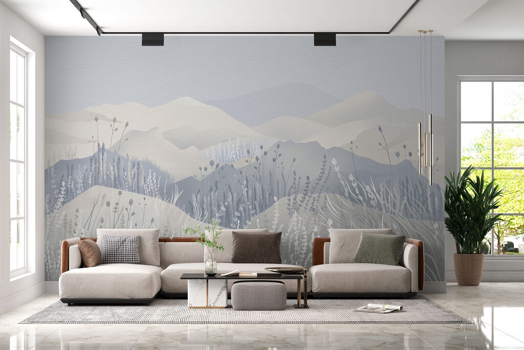 Painting of a landscape with mountains and grass Painting of a landscape with mountains and grass