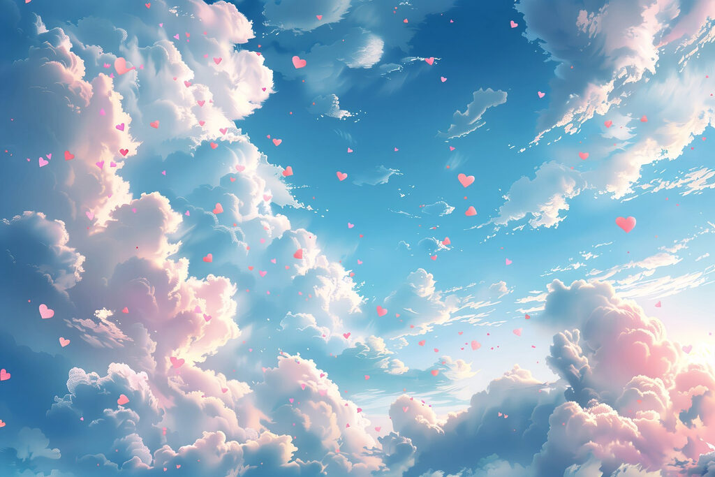 Blue sky with clouds and pink hearts Blue sky with clouds and pink hearts