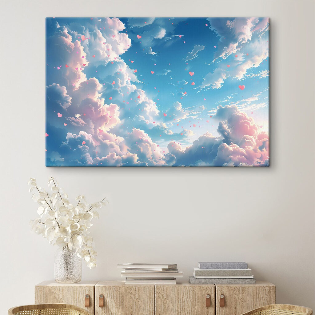 Blue sky with clouds and pink hearts Blue sky with clouds and pink hearts