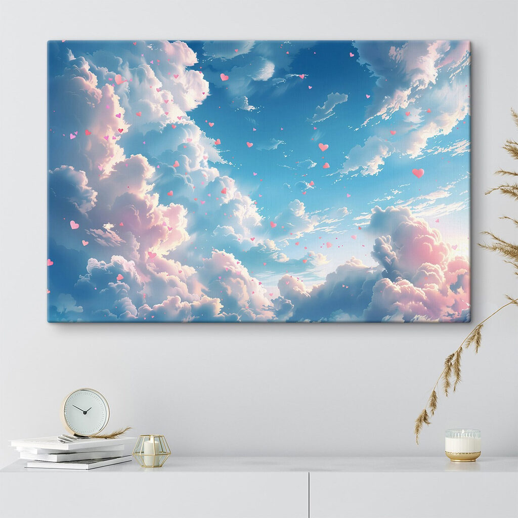 Blue sky with clouds and pink hearts Blue sky with clouds and pink hearts