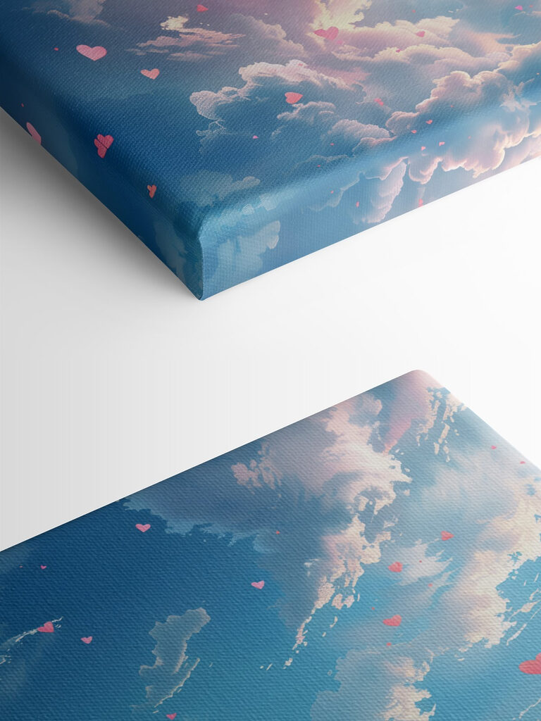 Blue sky with clouds and pink hearts Blue sky with clouds and pink hearts