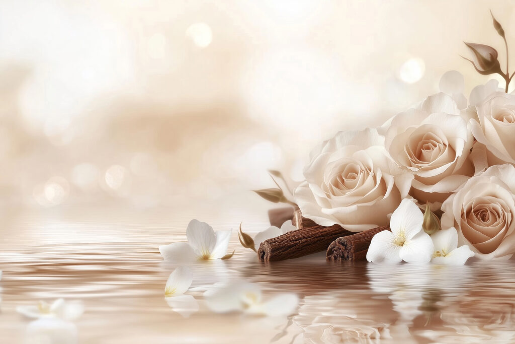 Group of white roses and cinnamon sticks in water Group of white roses and cinnamon sticks in water