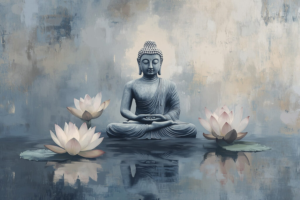 Statue of a buddha sitting in a lotus position surrounded by water