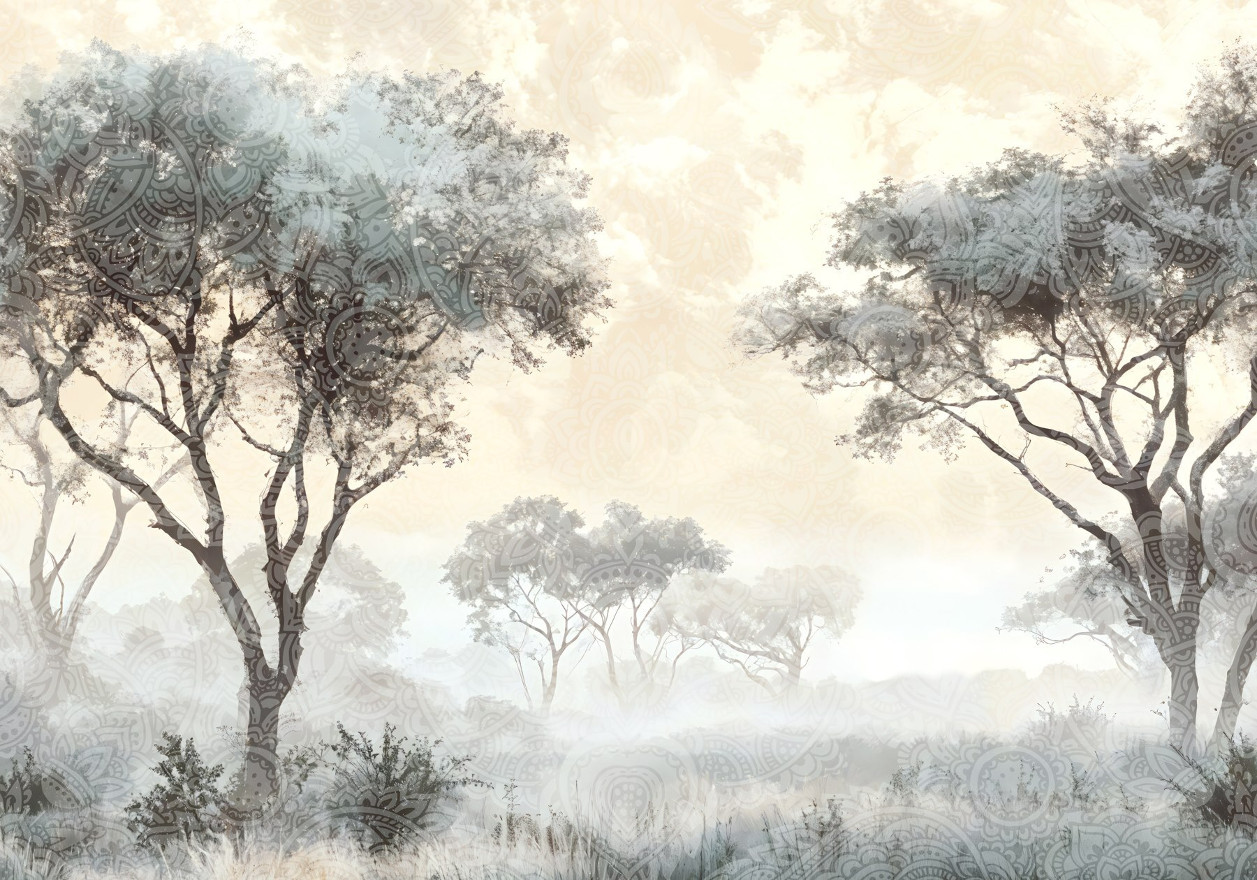Foggy landscape with trees and plants