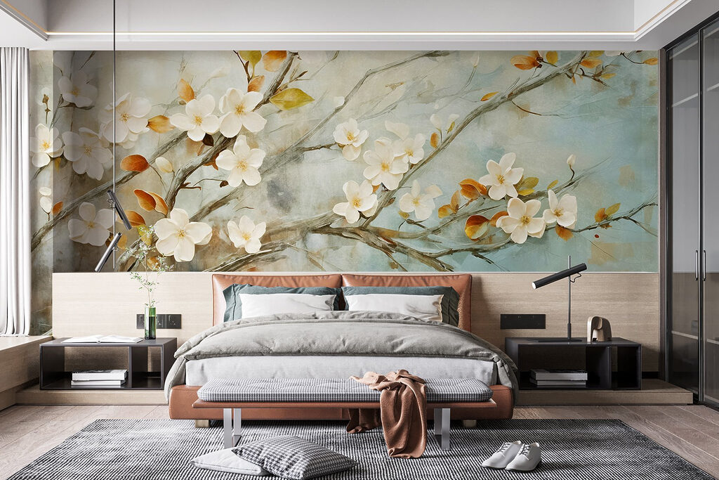 Painting of a branch with white flowers Painting of a branch with white flowers